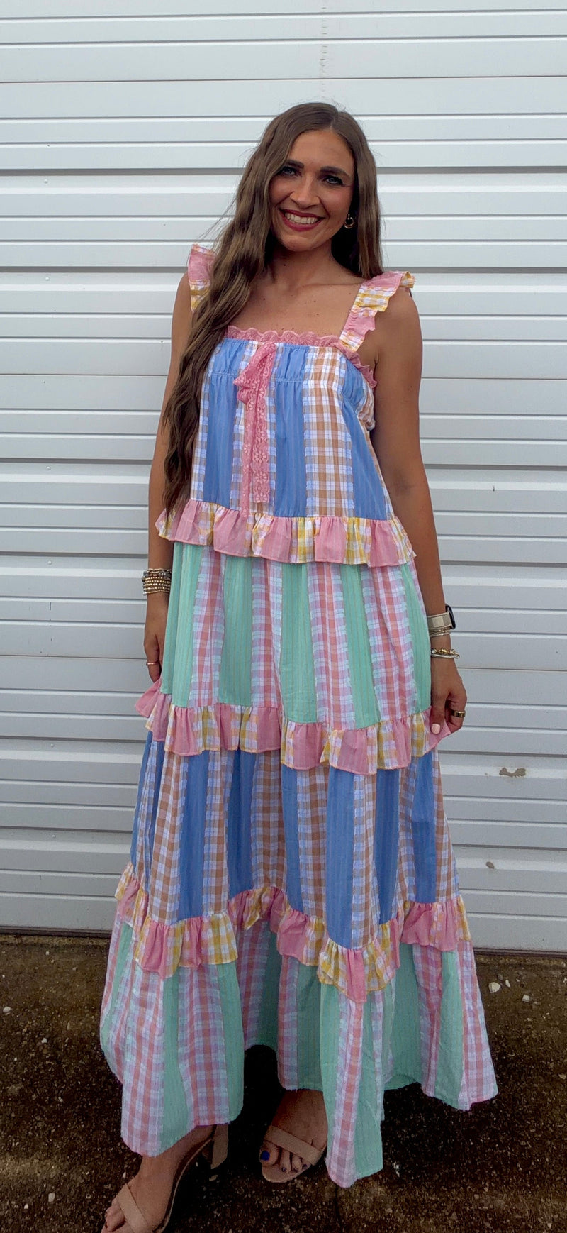 Pastel Patchwork Plaid Tiered Maxi Dress Pastel