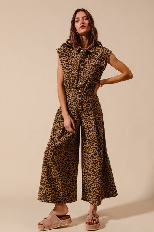 Wide Leg Overalls Jumpsuit Leopard