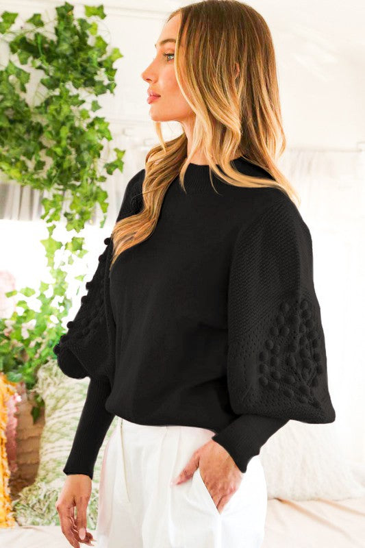 Pom Pom Balloon Sleeve Sweater Black