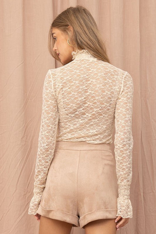 Sheer Lace High Neck Top Nude