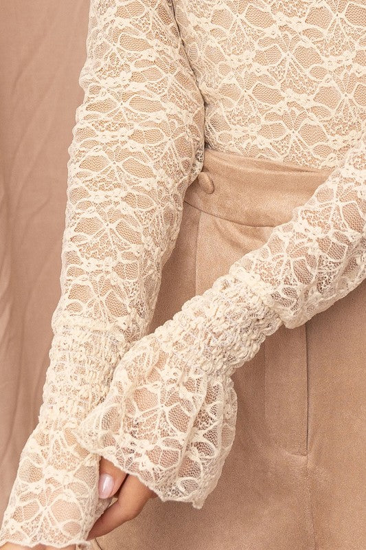 Sheer Lace High Neck Top Nude