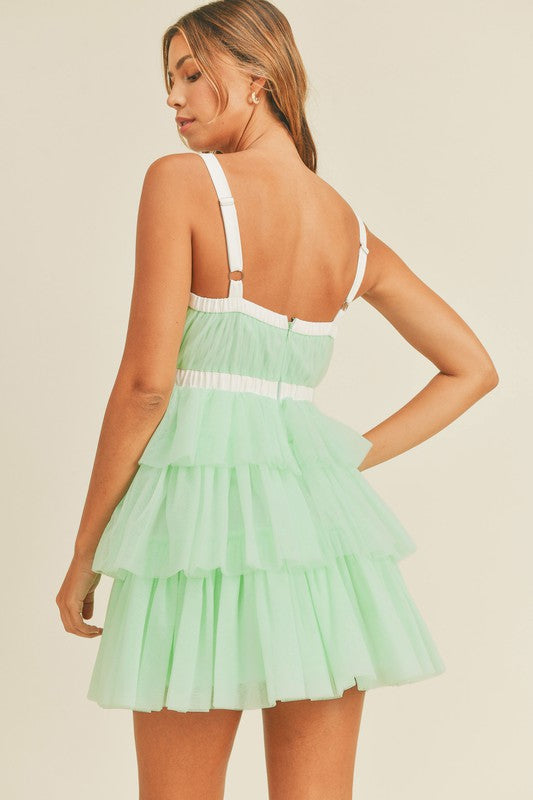 Shoulder Strap Tiered Ruffle Mini Dress Green