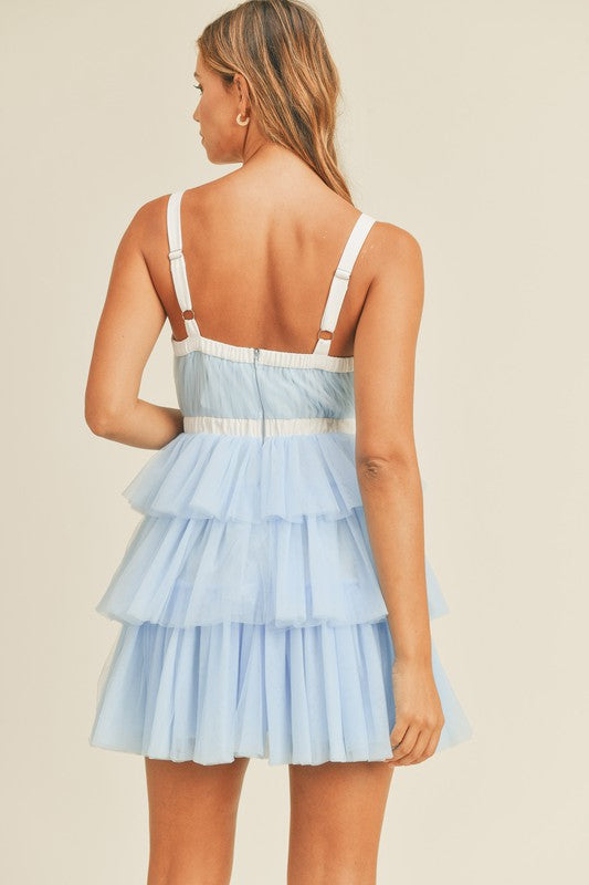 Shoulder Strap Tiered Ruffle Mini Dress Blue