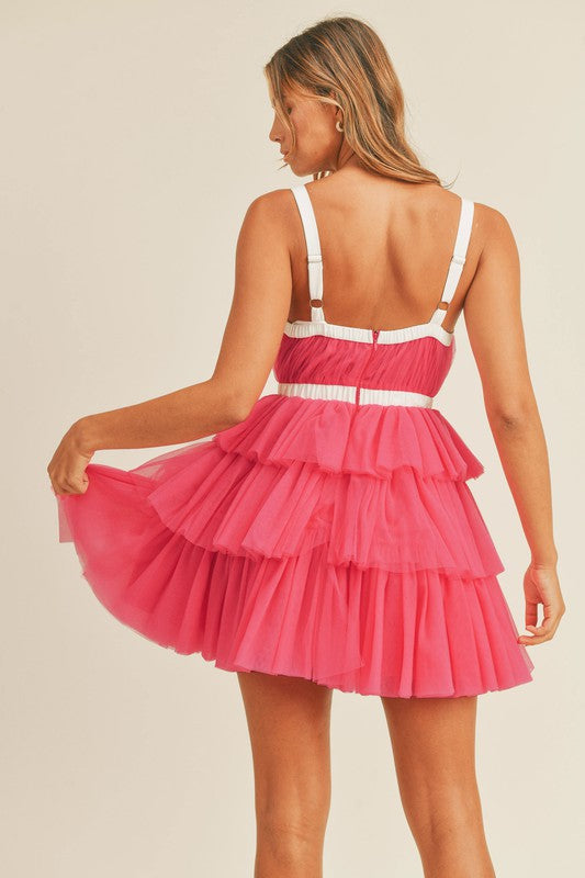 Shoulder Strap Tiered Ruffle Mini Dress Pink