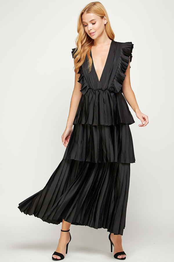 Sleeveless Pleated Layer Maxi Dress Black