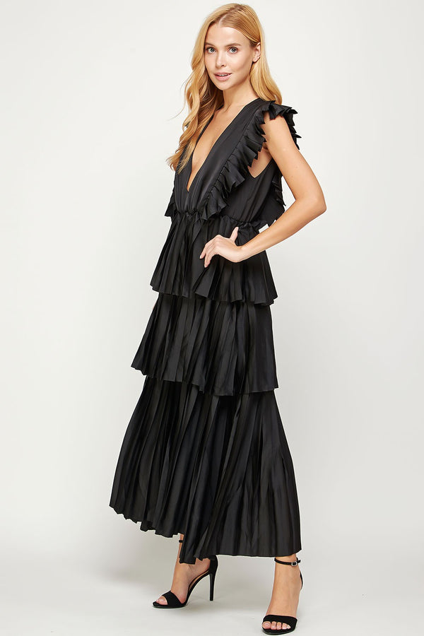 Sleeveless Pleated Layer Maxi Dress Black