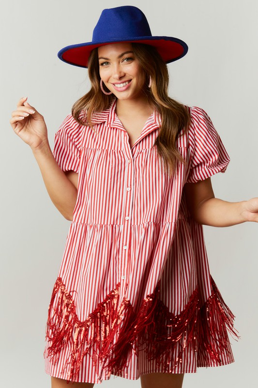 Fringed Stripe Print Shirt Dress w/Sequins Red