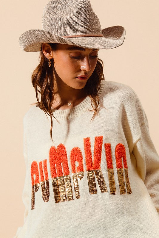 Sequin Pumpkin Slogan Sweater Top Oatmeal