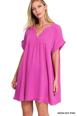 Double Gauze Raw Edge V-Neck Dress Hot Pink - Southern Fashion Boutique Bliss Double Gauze Raw Edge V-Neck Dress Hot Pink - Southern Fashion Boutique Bliss