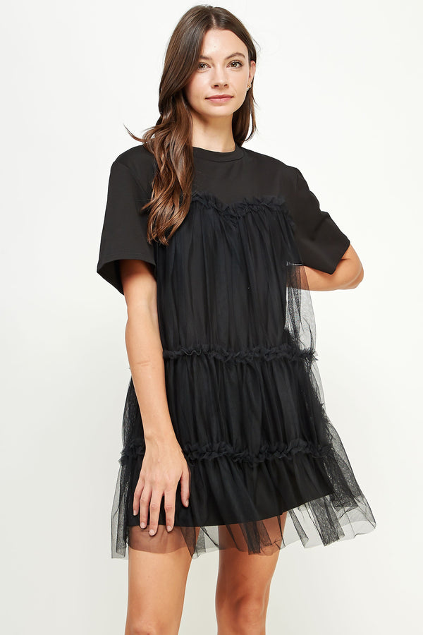 Tulle Overlay Tiered Mini Dress Black