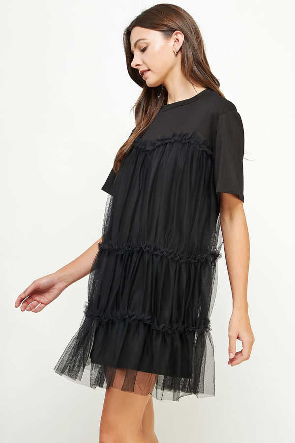 Tulle Overlay Tiered Mini Dress Black