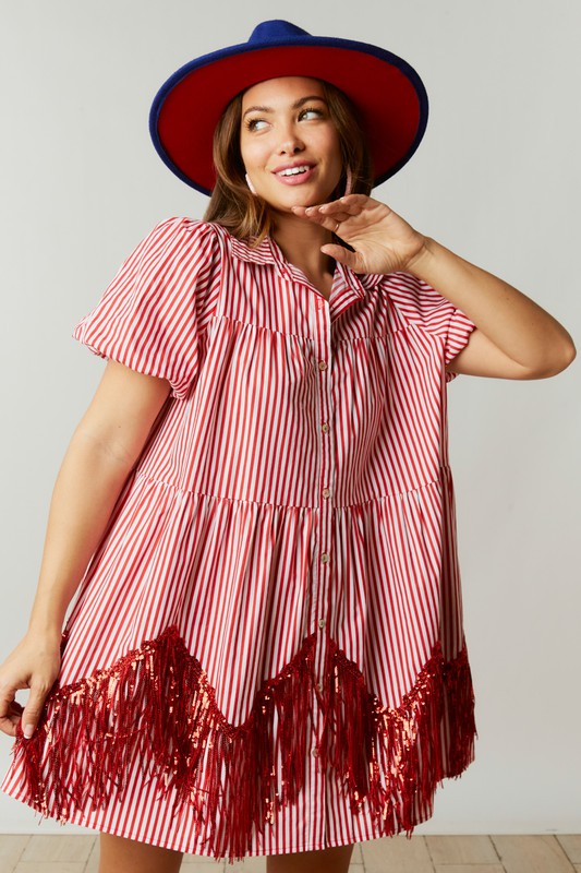 Fringed Stripe Print Shirt Dress w/Sequins Red