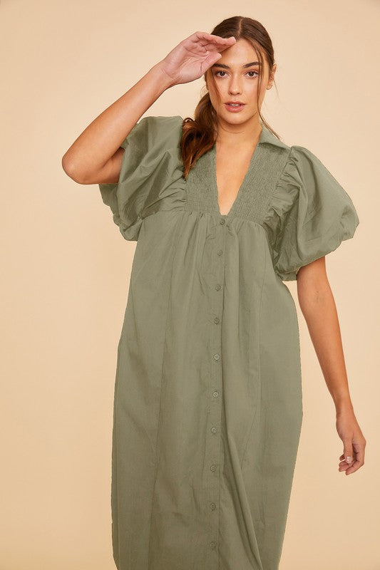 Smocked Detail Puff Sleeve Midi Dress Sage - Southern Fashion Boutique Bliss