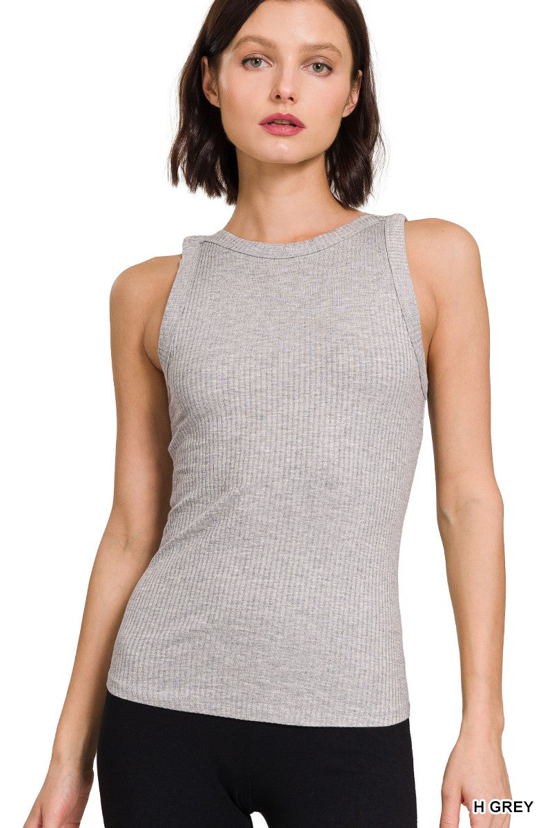 Ribbed Tight Crew Neck Tank Top Heather Grey