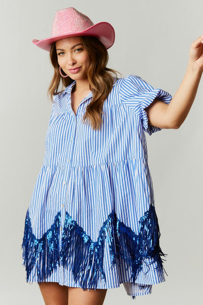 Fringed Stripe Print Shirt Dress w/Sequins Blue - Southern Fashion