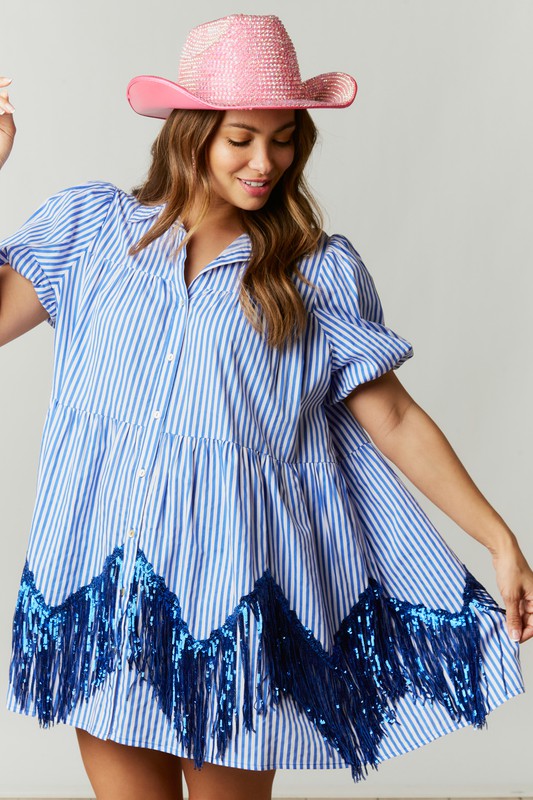 Fringed Stripe Print Shirt Dress w/Sequins Blue