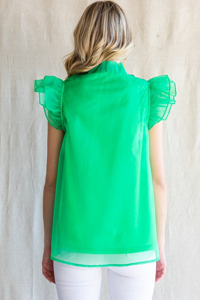 Organza Ribbon-Tie Neck Top Kelly Green - Southern Fashion