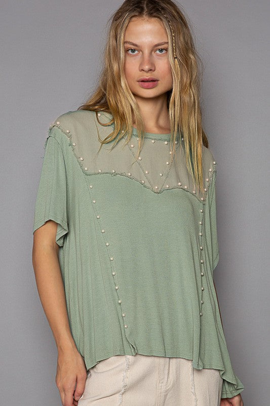 Oversize Pearl Detail Ribbed Top Aqua