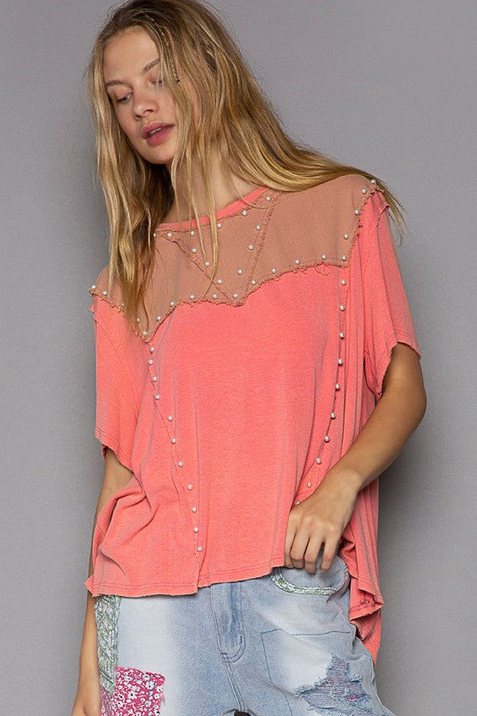 Oversize Pearl Detail Ribbed Top Pink