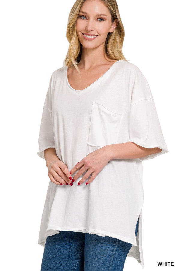 Oversized Front Pocket Raw Edge Top White