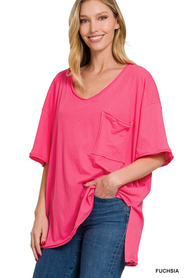 Oversized Front Pocket Raw Edge Top Fuchsia