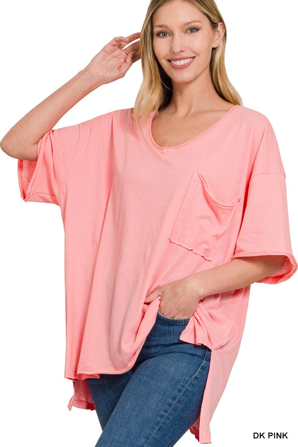 Oversized Front Pocket Raw Edge Top Dk Pink