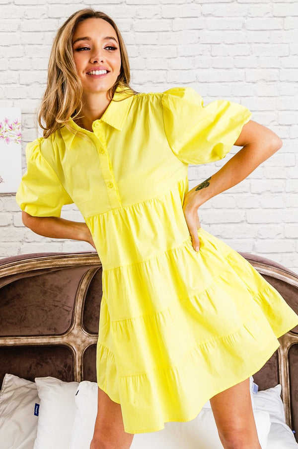 Puff Sleeve Tiered Dress Lemon