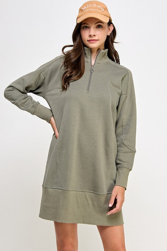 Scuba Funnel High Neck Dress Olive