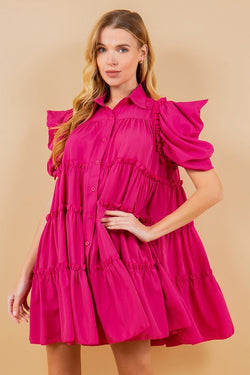 Puff Sleeve Front Button Ruffle Dress Hot Pink