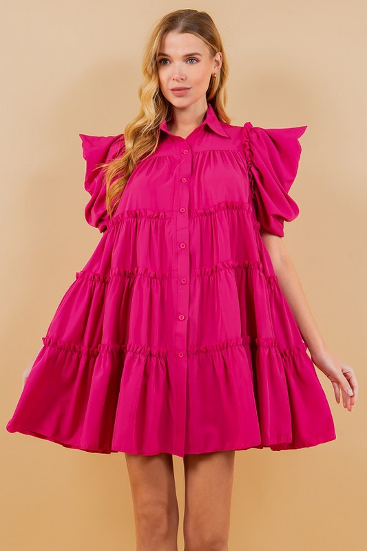 Puff Sleeve Front Button Ruffle Dress Hot Pink