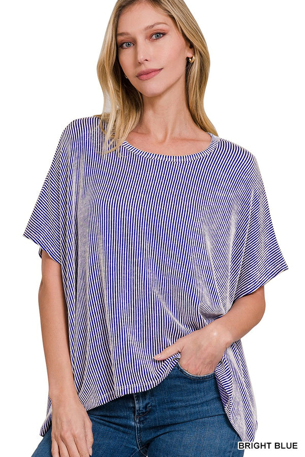 Ribbed Striped Short Sleeve Top Bright Blue
