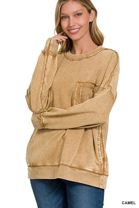 Acid Wash Front Pocket Pullover Camel