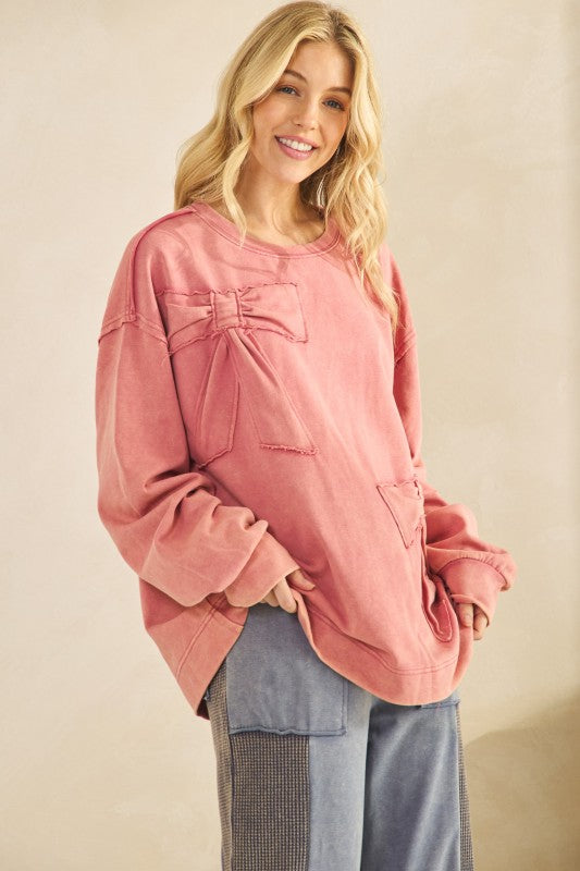 French Terry Bow Detail Sweatshirt Top Mauve