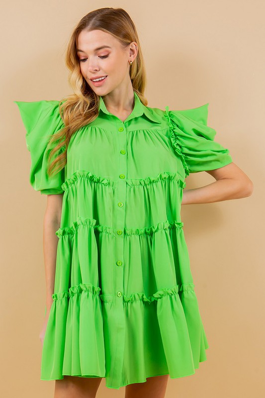 Puff Sleeve Front Button Ruffle Dress Green