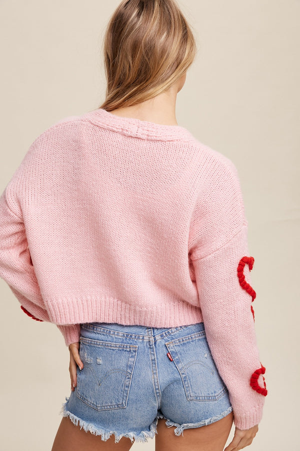 Knit Cropped Heart Cardigan Pink