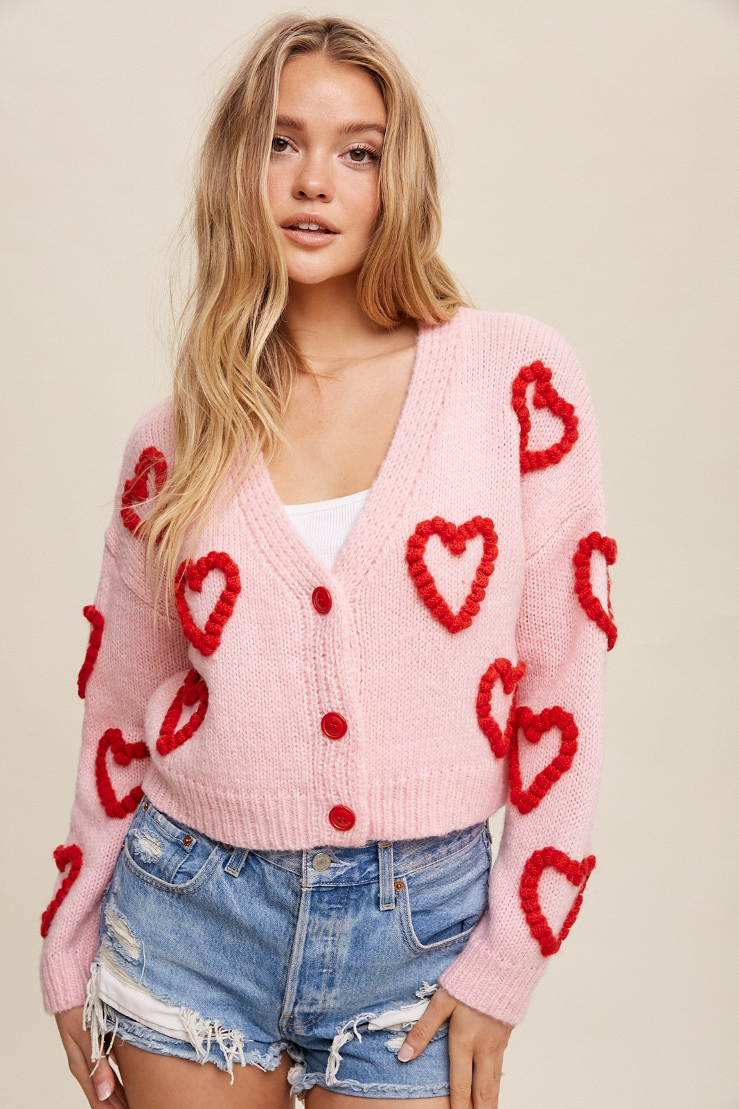 Knit Cropped Heart Cardigan Pink - Southern Fashion Boutique Bliss