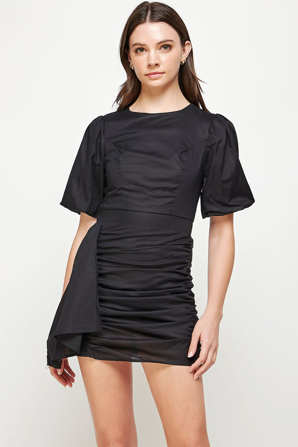 Ruched Puff Sleeve Voile Mini Dress Black