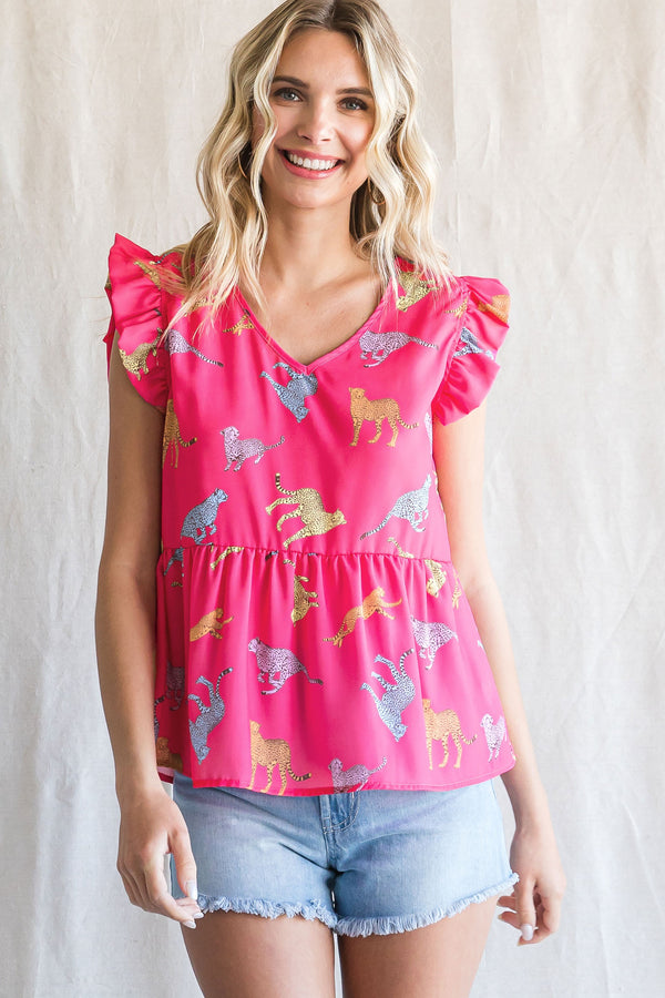 Animal Print Baby Doll Top Hot Pink