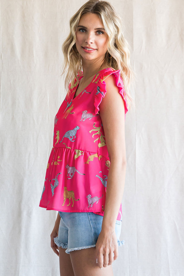 Animal Print Baby Doll Top Hot Pink