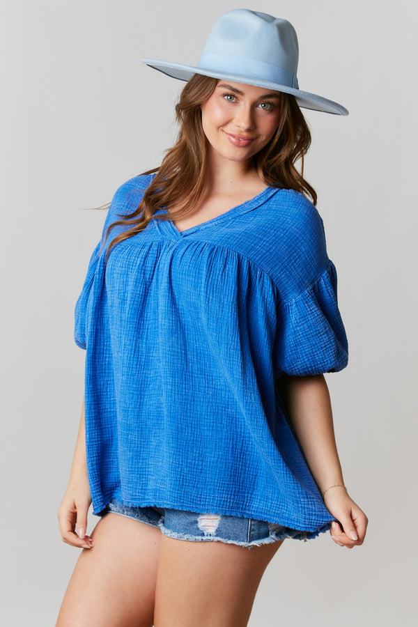 Mineral Washed Cotton Gauze Top Royal