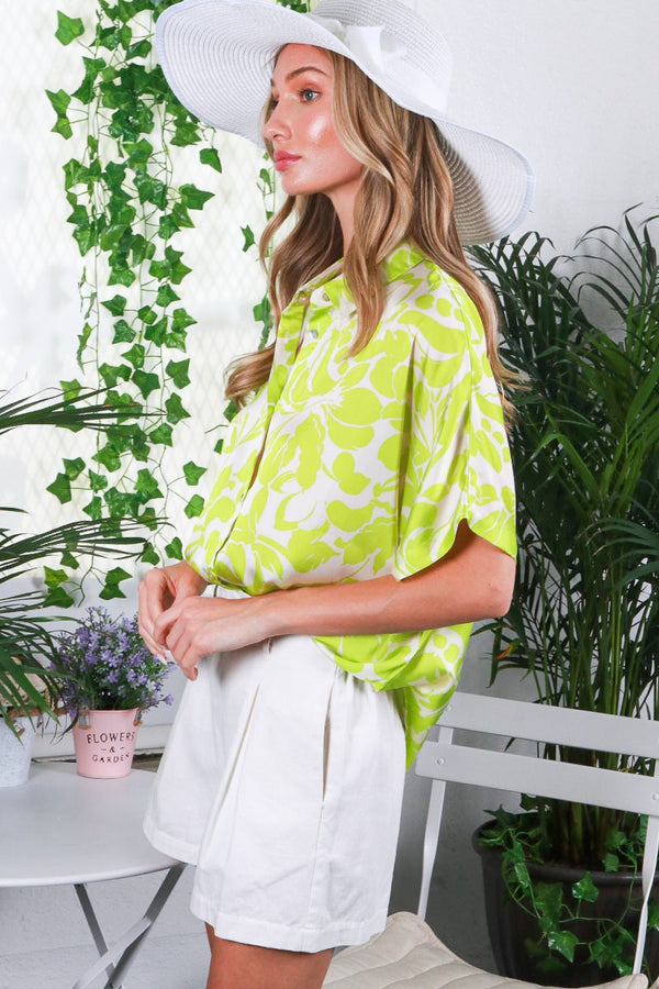 Collared Floral Print Satin Blouse Top Neon Yellow