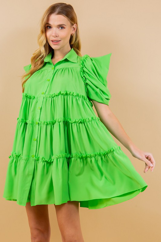 Puff Sleeve Front Button Ruffle Dress Green