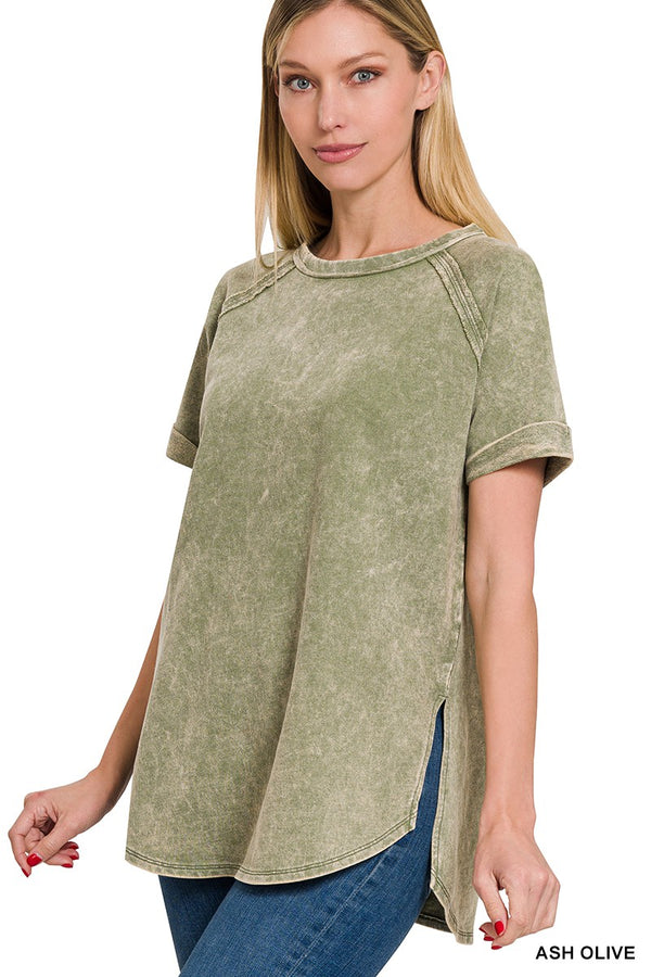 Acid Wash Short Cuff Sleeve Top Ash Olive
