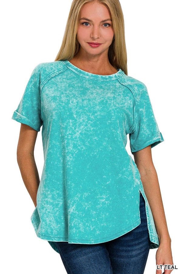 Acid Wash Short Cuff Sleeve Top Lt Teal
