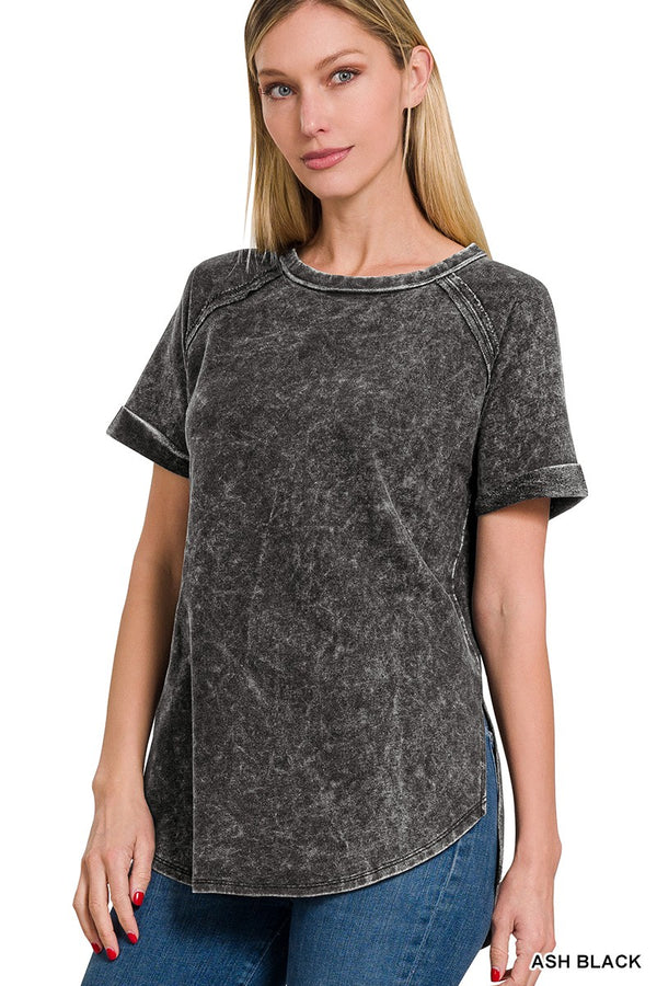 Acid Wash Short Cuff Sleeve Top Ash Black