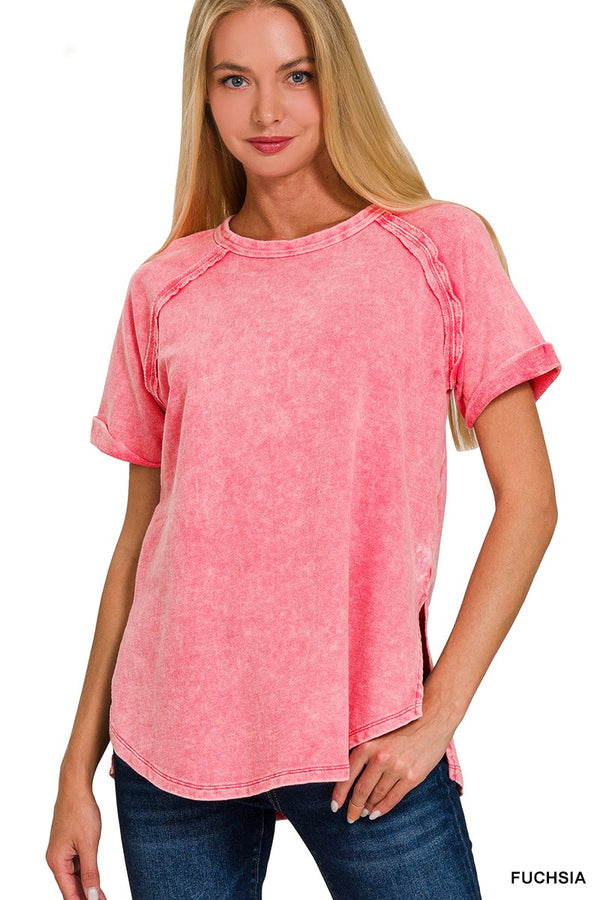 Acid Wash Short Cuff Sleeve Top Fuchsia
