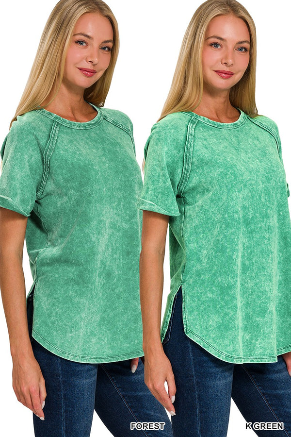 Acid Wash Short Cuff Sleeve Top K Green