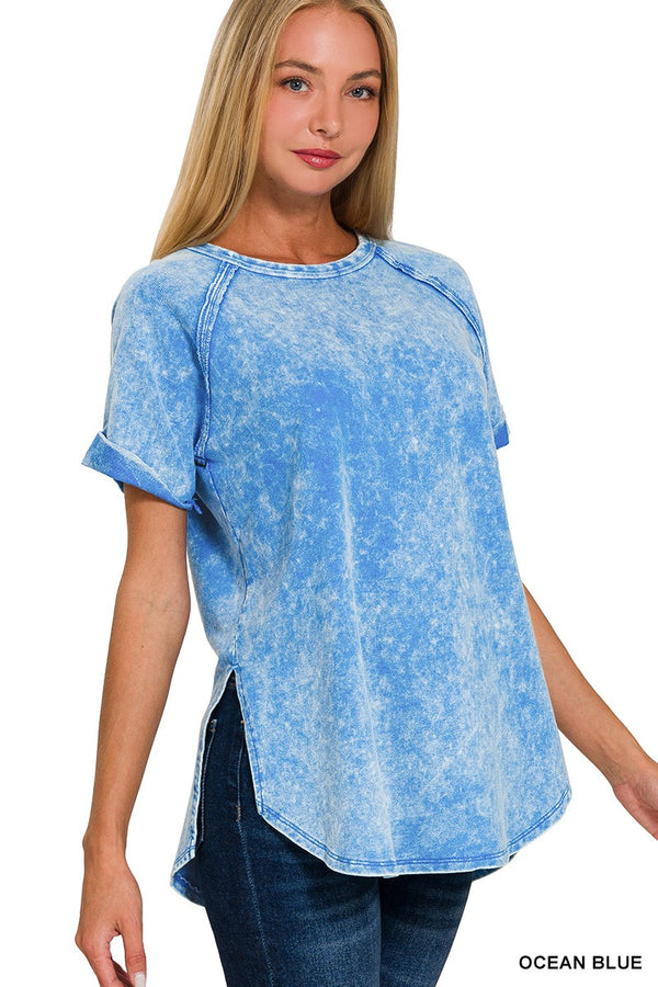 Acid Wash Short Cuff Sleeve Top Ocean Blue