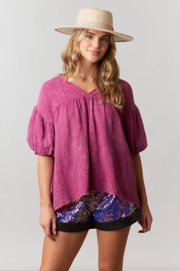 Mineral Washed Cotton Gauze Top Plum
