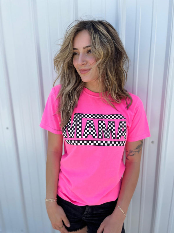 Checkered Mama Tee Neon Pink